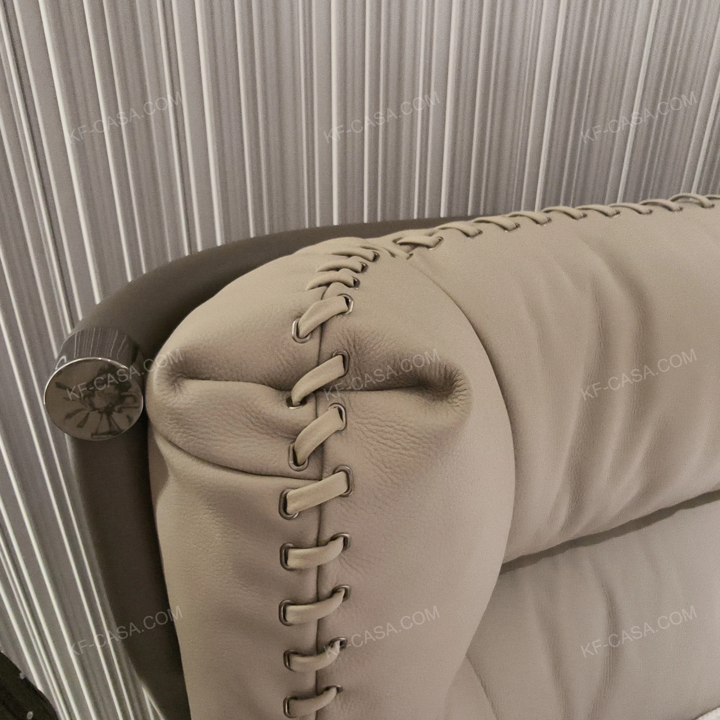 Warm Taupe Upholstered Bed with Tiered Headboard, Lacing Detail & Stainless Steel Accents